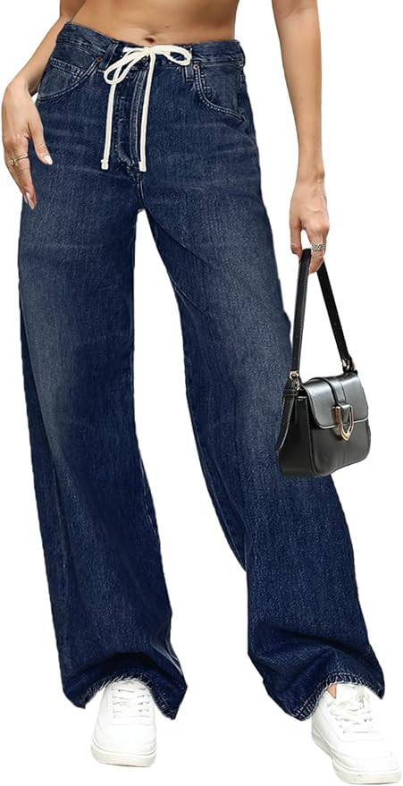 Allimy Womens Drawstring High Waist Wide Leg Jeans Straight Leg Washed Denim Jeans Pants | Amazon (CA)