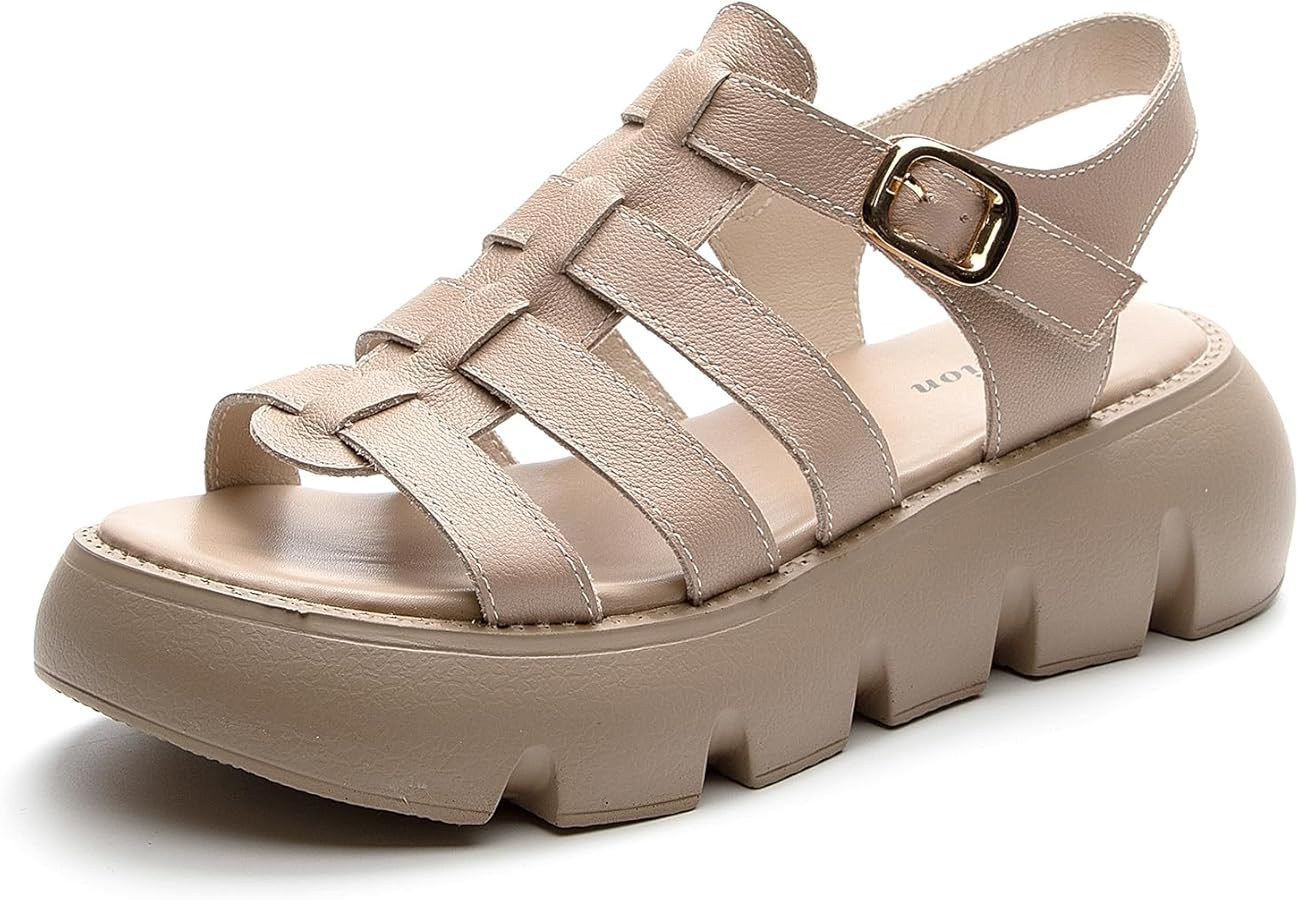 Women's Leather Open Toe Platform Sandals Comfort Adjustable Ankle Strap Soft Flatform Sandals Su... | Amazon (US)