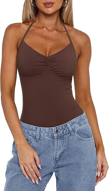 REORIA Women's Sexy Halter V Neck Sleeveless Bodysuit Backless Cami Bodysuits Tank Tops Basic | Amazon (US)