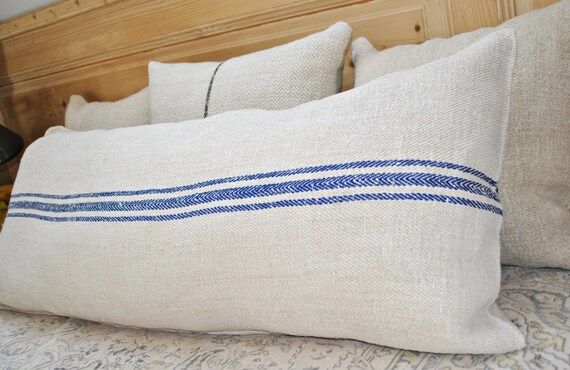 Authentic Grain Sack Body Pillow Sham Blue Stripes / Antique linen / Handwoven hemp fabric / Handmad | Etsy (US)