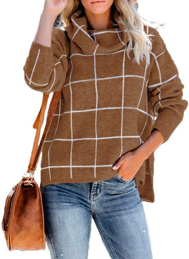 HAOAN Women Casual Pullover Sweater Plaid Turtleneck Side Split Loose Knit Jumper Tops | Amazon (US)