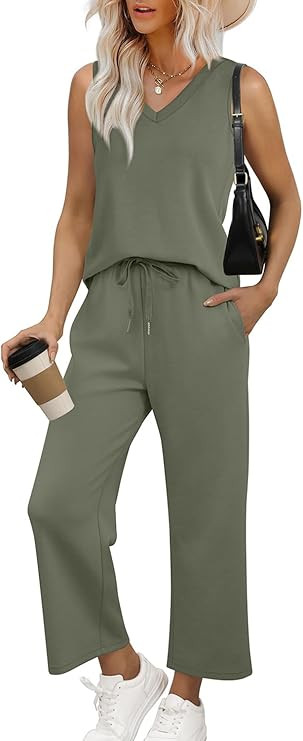 WIHOLL Two Piece Set for Women Summer Outfits Vacation Trendy Lounge Sets V Neck Matching Sets | Amazon (US)