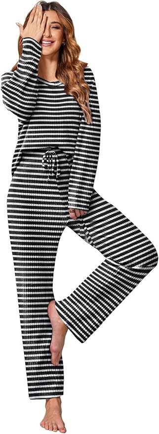 Ekouaer Women's Waffle Knit Pajama Sets Comfy Long Sleeve Lounge Sets 2 Piece Matching Pj Sets wi... | Amazon (US)