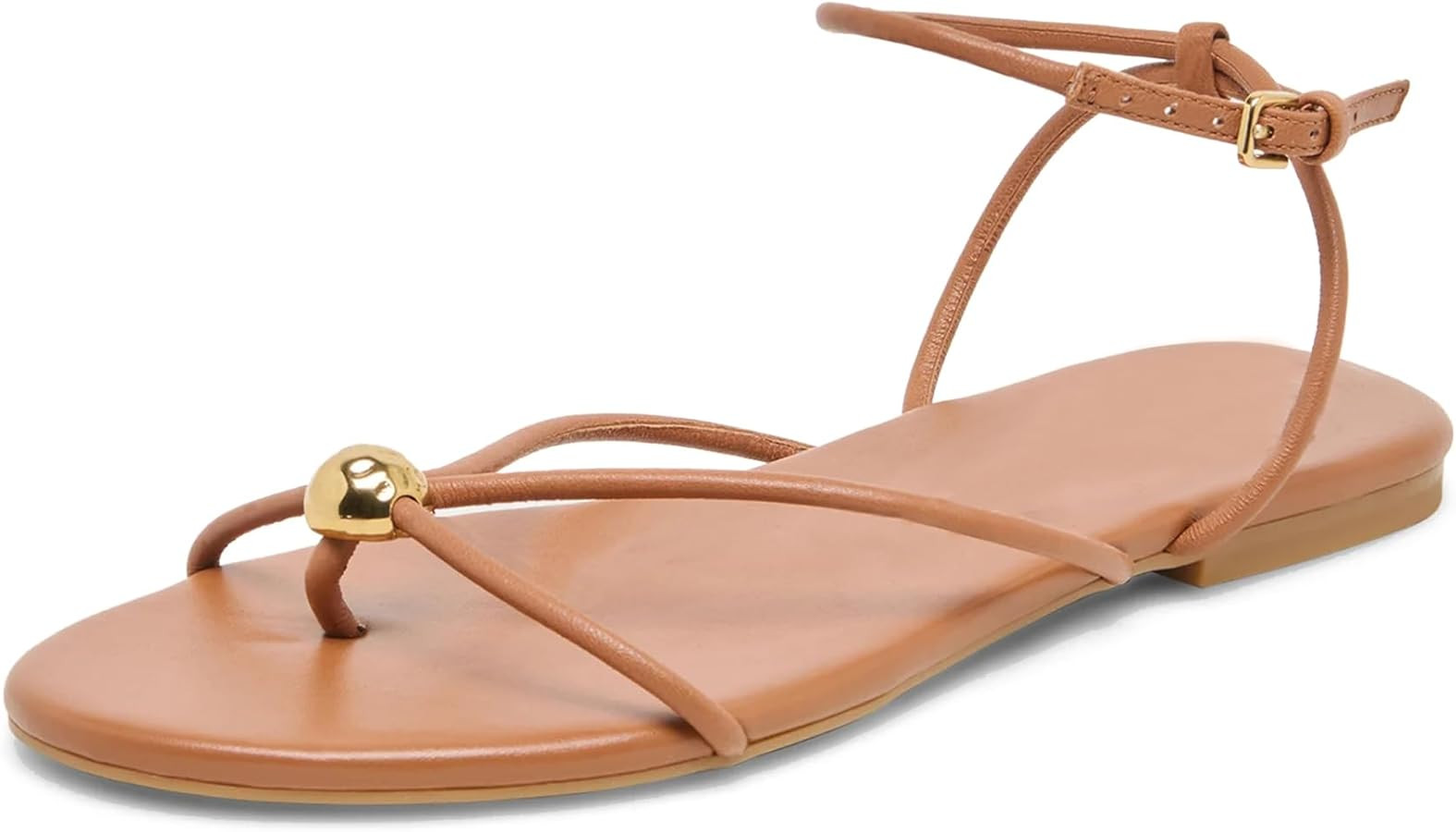 Strappy Flat Sandals for Women Summer Round Toe Metal Bead Flip Flop Sildes with Ankle Buckle Str... | Amazon (US)
