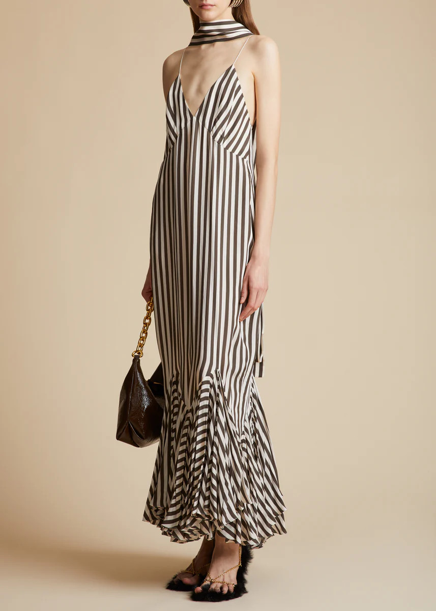 The Candita Dress in Ivory with Dark Brown Stripes | Khaite