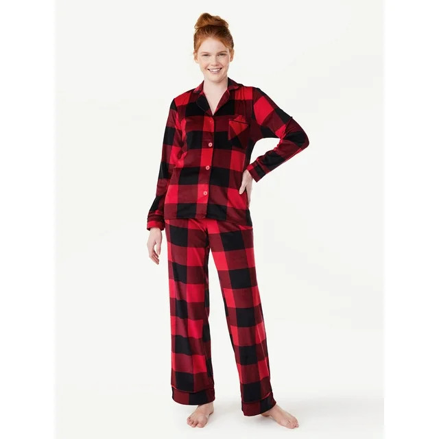 Joyspun Women’s Stretch Velour Notch Collar Top with Pants, 2-Piece Pajama Set, Sizes S to 3X | Walmart (US)