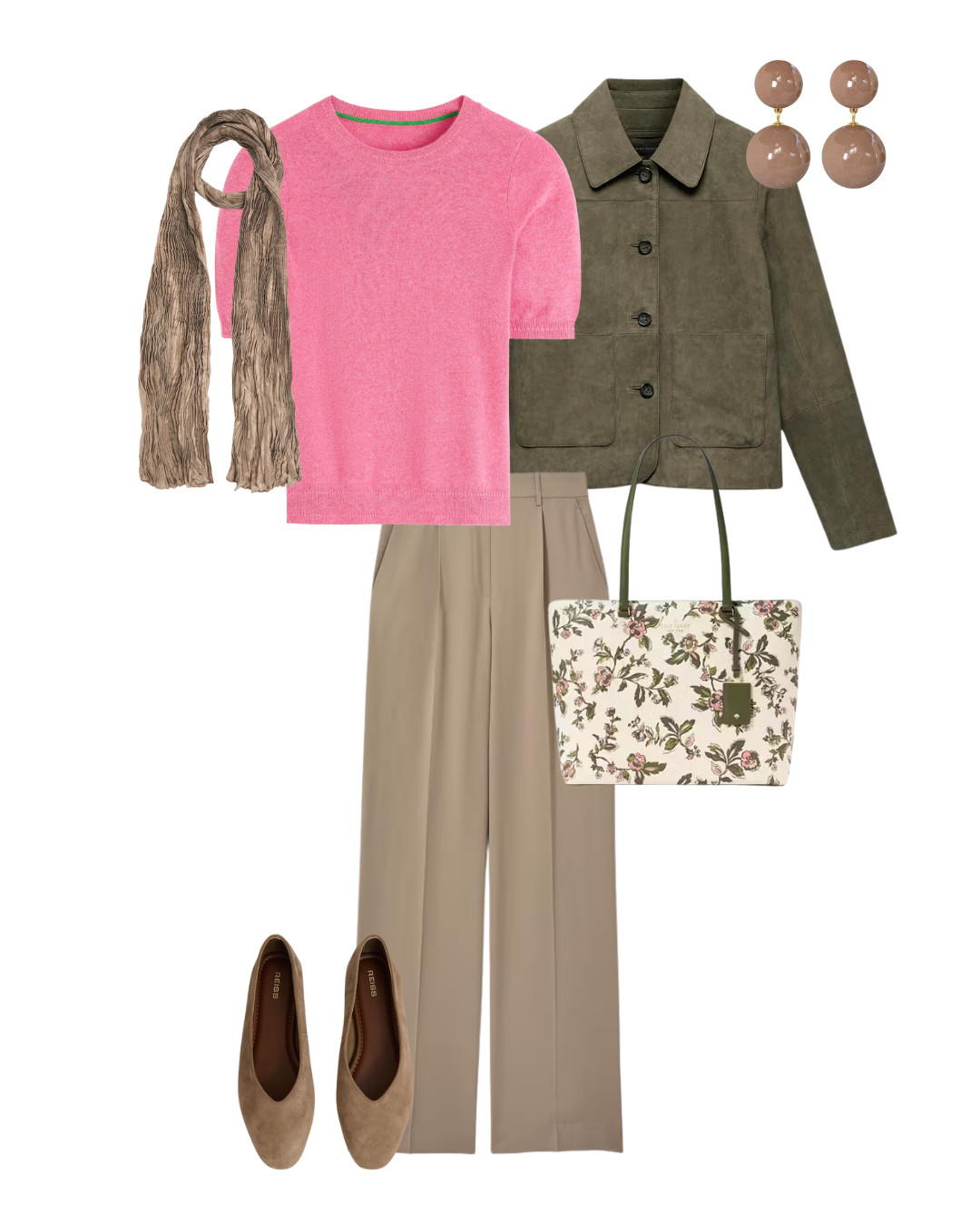 Transitional early new season look with a beautiful suede jacket, cashmere t-shirt and soft wide leg trousers. Taupe accessories and a floral tote finish the look 

 #LTKuk #LTKover50style #LTKstyletip