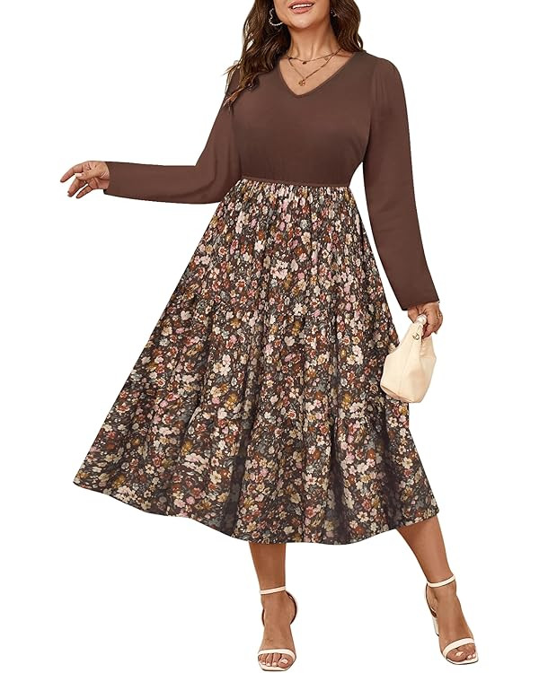 CARCOS Plus Size Dresses for Curvy Women V Neck Long Sleeve Patchwork Casual Wedding Cocktail Dre... | Amazon (US)