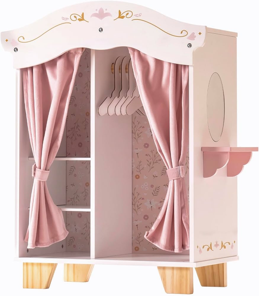 ROBUD Wooden Play Armoire Closet for Dolls, Doll Closet Furniture Wardrobe with 5 Hangers, Mirror... | Amazon (US)