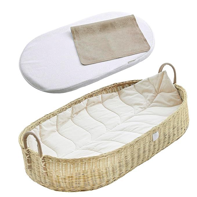 Premium Baby Changing Basket - Handmade Natural Rattan Moses Basket - Luxury Leaf Liner - Thick &... | Amazon (US)