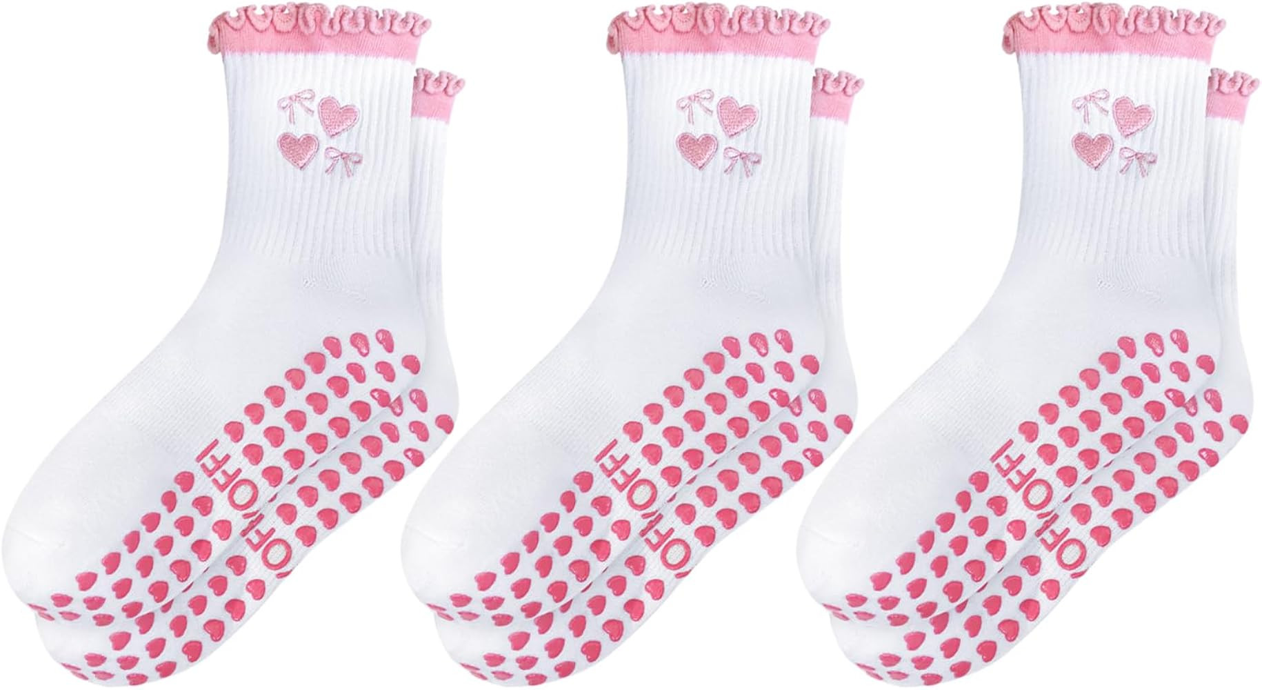 Non Slip Pilates Socks: 3 Pairs Crew Cotton Ruffle Grip Socks for Women | Amazon (US)