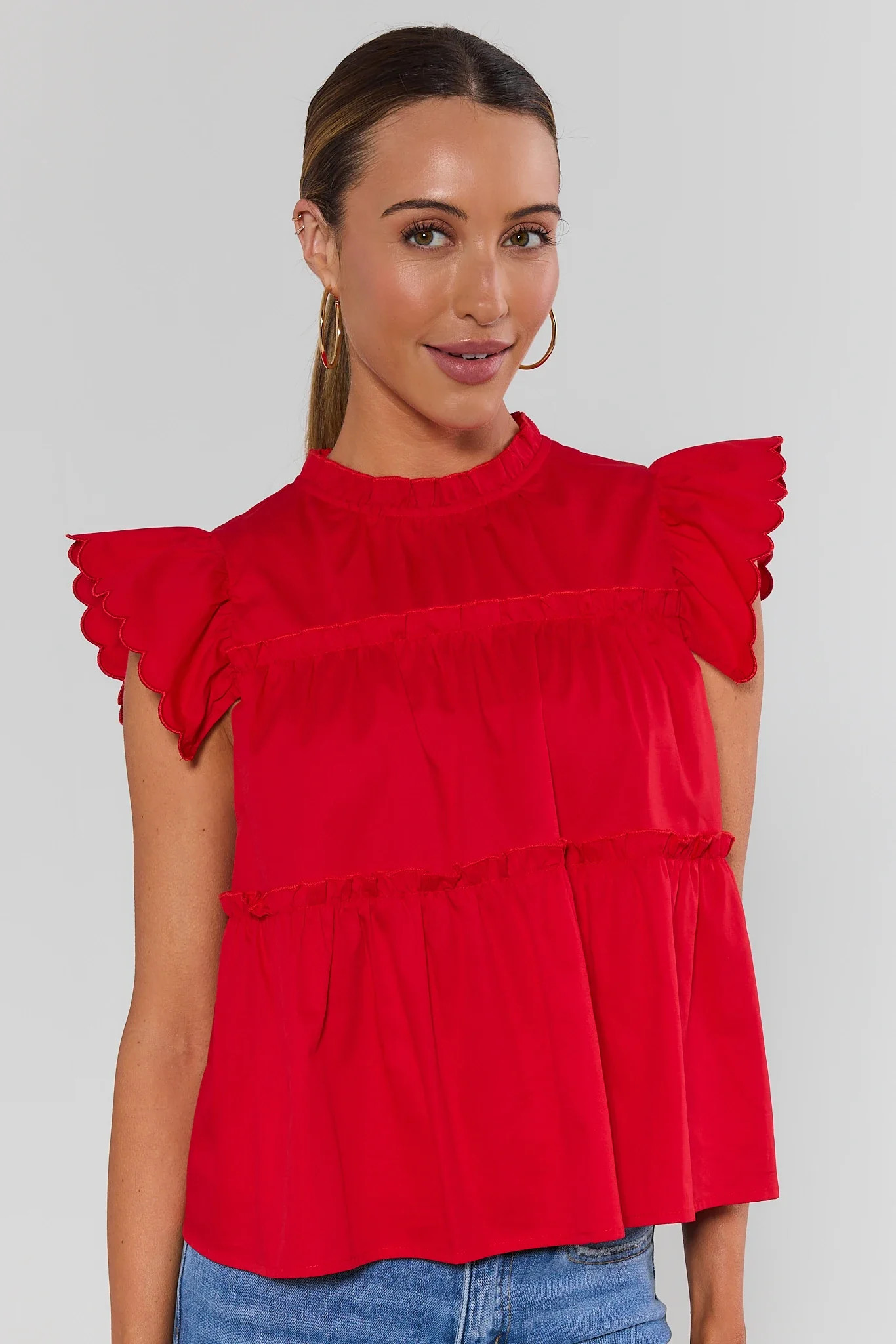 Amanda Red Tiered Flutter Sleeve Top | Avara