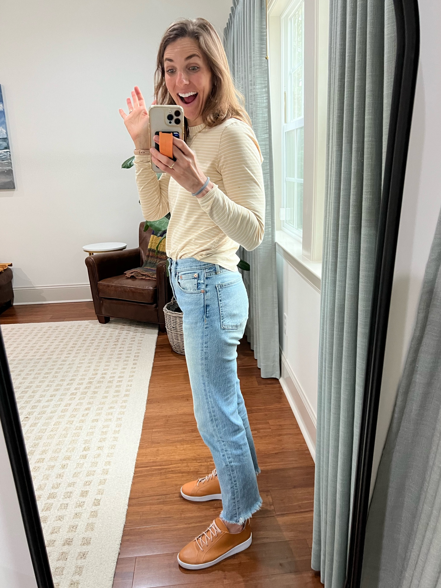 Favorite shirts for everyday and my go to jeans. Size 4 shirt, size 27 jean. Shoes are currently on major sale at time of posting 