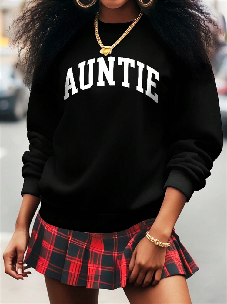 SHEIN LUNE Auntie Print Letter Graphic Solid Round Neck Casual Sweatshirt For Women, Autumn/Winter,Long Sleeve Tops Graduation,Back To School Outfits,Graduation,Teacher Outfits For Women,Back To School Pullover Fall Outfit | SHEIN