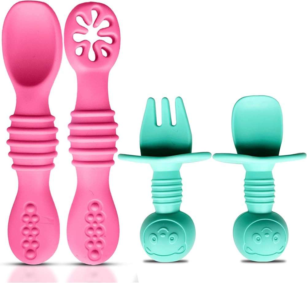 4pc Silicone Self feeding baby utensils 6-12 months Baby Led Weaning, 3 baby spoon, 1 baby fork, ... | Amazon (US)