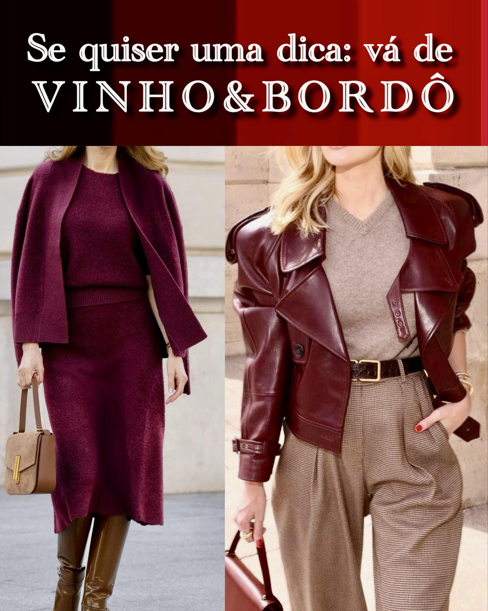 Bordô, vinho, vermelho escuro, vermelho queimado, burgundy…

Embora cada uma dessas cores sejam bem definidas, essas são algumas definições para essa linda cor que será a cor do outono inverno desse ano! E temos mesmo variações desses bonitos tons!

Não que essa cor de alguma forma estava fora de moda, mas agora é um dos destaques dessas estações.

E realmente é uma cor muito linda que pode ser usada por todas as pessoas. 

Mas como? Com que cores devo usá-la? Como combinar as peças? Vamos as dicas:

1- Se você gosta de cores escuras e acha que essa cor combina com você, se jogue nas combinações e peças dessa cor. Aproveite para comprar peças-chaves, de boa qualidade, pois assim você poderá usa-la em qualquer estação.

2- Se você não gosta dessa cor, ou acha que as cores escuras não te favorecem tanto, use-a em peças que fiquem longe do seu rosto, como calças, saias e acessórios. 

3- Ela fica linda com os tons de azul, caramelo, rosa, cinza, marrom, bege, verde escuro e até mesmo numa combinação mais ousada com os tons de laranja. Ah.. e ela fica muito bonita com o preto também!

4- Usá-la num look monocromático, ou com os tos semelhantes à ela, é sempre uma combinação que não tem erro.

5- Esses tons de bordô, ou vinho, são lindos para “fugirmos das cores óbvias” escuras como o cinza chumbo, marinho, marrom e preto. Portando é uma ótima cor escura para combinar com outros tons.

6- Se quiser investir em peças nesses tons, escolha uma de boa qualidade como um casaco, uma blusa, uma camisa, um colete ou apenas um bonito lenço. Com pelo menos uma dessas peças, você terá vários looks.

7- As peças em couro e camurças, sejam elas verdadeiras ou não, estão super em alta. Então é uma excelente escolha para um casaco assim, por exemplo.

Espero que essas dicas e as inspirações de hoje possam te ajudar a usar essa linda cor, que além de ser atemporal, é uma cor naturalmente elegante e muito fácil de combinar.

Ou seja… nesse outono-inverno… vá de vinho!

#LTKbrasil #LTKdicadeestilo #LTKplussize