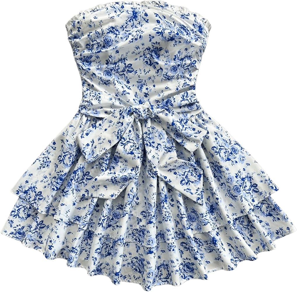 MakeMeChic Women's Ditsy Floral Bandeau Ruffle Tiered Shirred Bow Knot A Line Mini Dress | Amazon (US)
