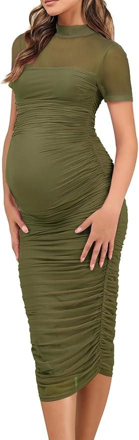Dedysler Maternity Mesh Bodycon Dress for Baby Shower Sexy Mock Neck Long Casual Pregnancy Clothe... | Amazon (US)