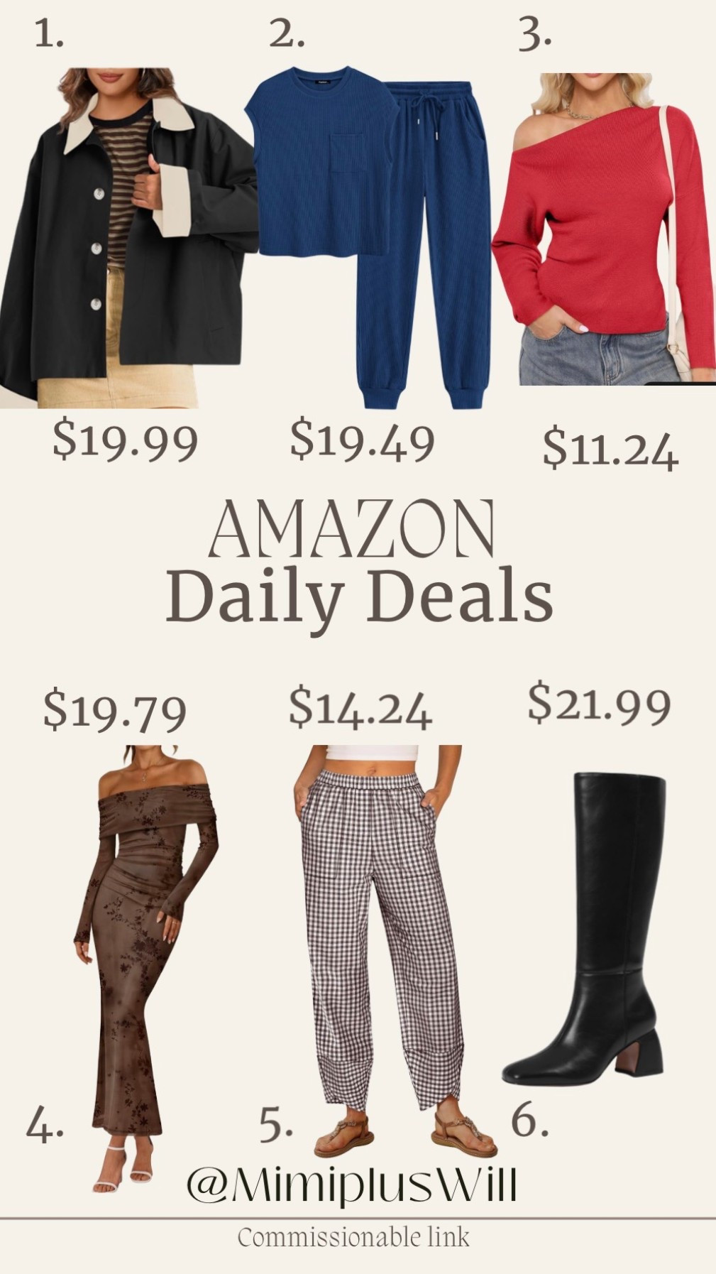 Amazon daily deals! Use the codes below for a limited time!

1. 7JZP66MQ
2. 50PENVWC
3. LR2K8FQ7
4. BOVGJ8FN
5. B0FPDZV2XJ
6. 6RHEQKW2

Amazon | deals | Amazon sale | boots | casual pants | dress | barn jacket
Follow @mimipluswill for more!

#LTKPetite #LTKSaleAlert #LTKFindsUnder50