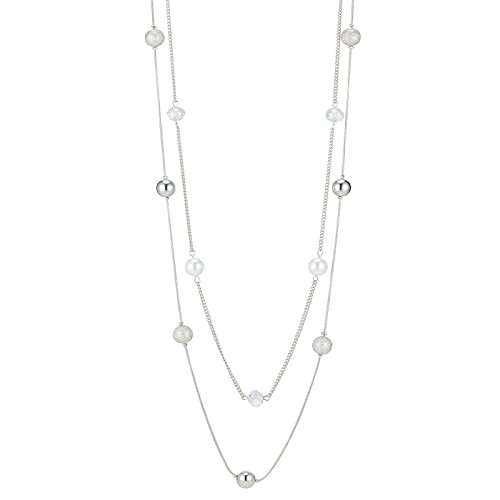 Silver Layered Long Necklace for Women Pearl Crystal Sweater Strand Chain Necklaces Fashion Gifts(White) | Amazon (US)