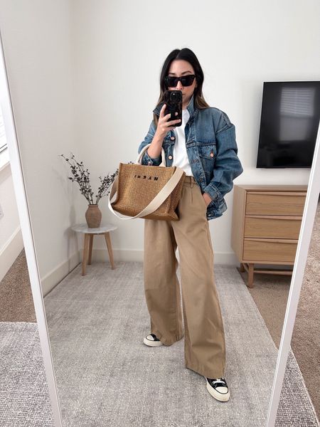 Madewell Harlow trousers. On sale! Love this khaki trouser style. Run big. 

Levi’s jacket xs. Oversized style. 
Everlane box cut tee medium 
Madewell Harlow trousers 00
Converse sneakers 5
Marni tote small 
Celine sunglasses  

Fall outfits, petite style, fall style, petite trousers 

#LTKSale #LTKfindsunder100 #LTKsalealert