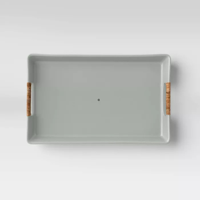 Rectangular Earthenware Tray with Cut-Out Skin Rattan Weaving Handle - Heathered Green - Threshol... | Target