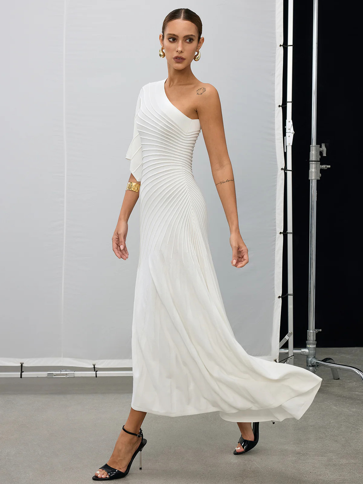 Asymmetric One-Shoulder Textured Sweater Dress | Commense