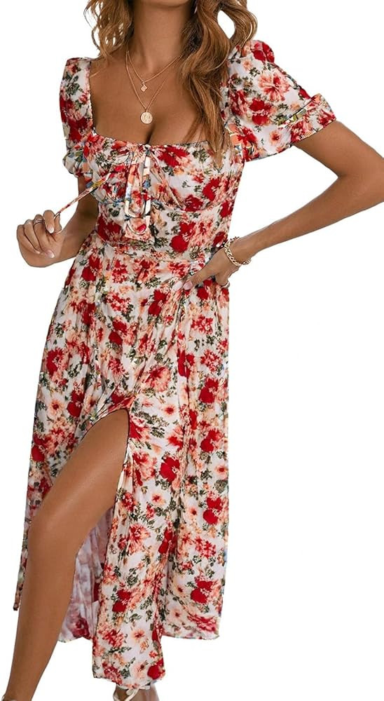 BLENCOT Womens Casual Summer Square Neck Short Sleeve Split Thigh Cotton Dress Boho Floral Print ... | Amazon (US)