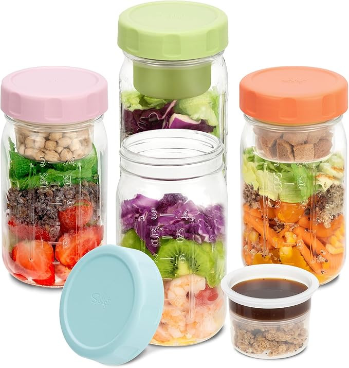 SOLIGT 4 Pack Glass Salad Jars with Lids Meal Prep, Leakproof Container for Lunch, with Wet/Dry S... | Amazon (US)
