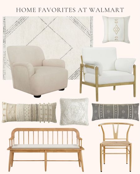Home decor favorites at Walmart. Living room. Dining room. Home decorations. Furniture. Gray and cream geometric lumbar pillow. Embroidered white throw pillow. 2-pack wishbone chairs. Cream accent chair with removable cushions. Cream and beige accent pillow. Stitched geometric area rug. Indoor rug. Beige oversized oblong lumbar pillow. Natural oak solid wood bench. Cream accent chair  

#LTKhome