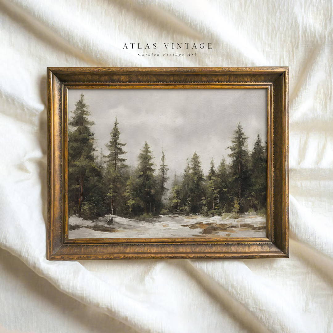 Vintage Winter Pine Forest Print, Antique Christmas Décor, Rustic Snowy Landscape Painting, Farm... | Etsy (US)