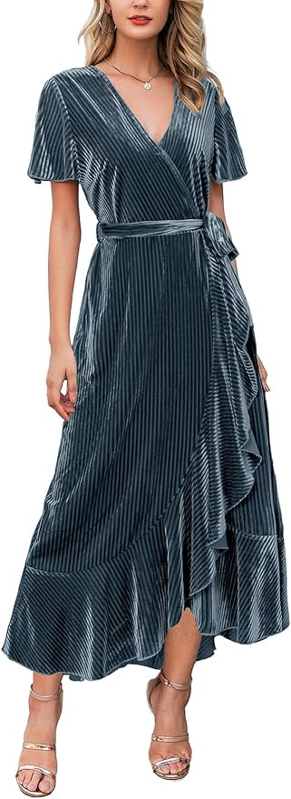 Miessial Women's Velvet Maxi Dress Retro Faux Wrap V-Neck Long Evening Dress Cocktail Party Dress | Amazon (US)