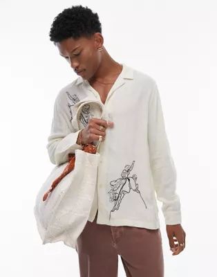 Topman long sleeve embroidered western cowboy shirt in ecru | ASOS (Global)