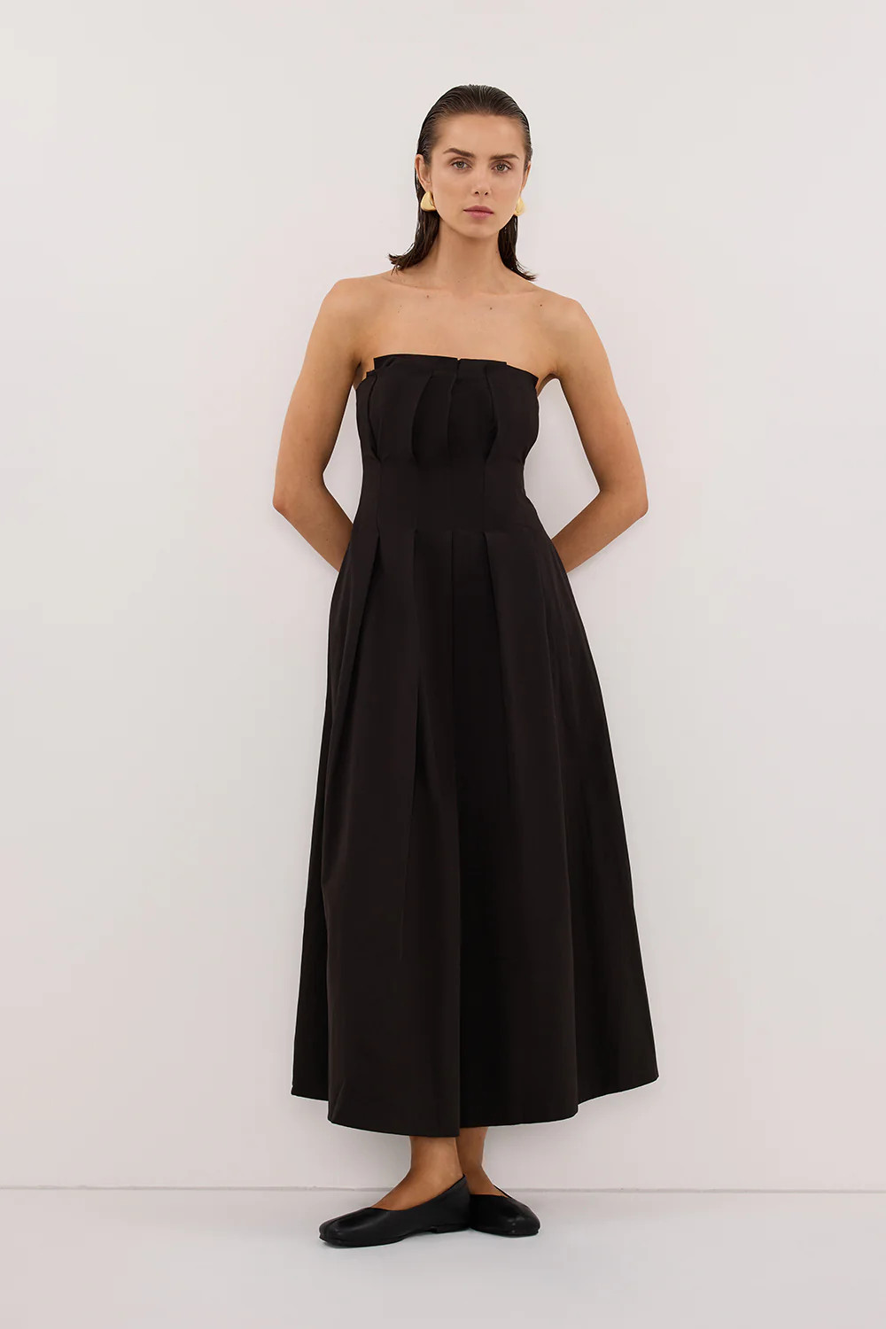 LILLY BLACK COTTON STRAPLESS MIDI DRESS | DISSH