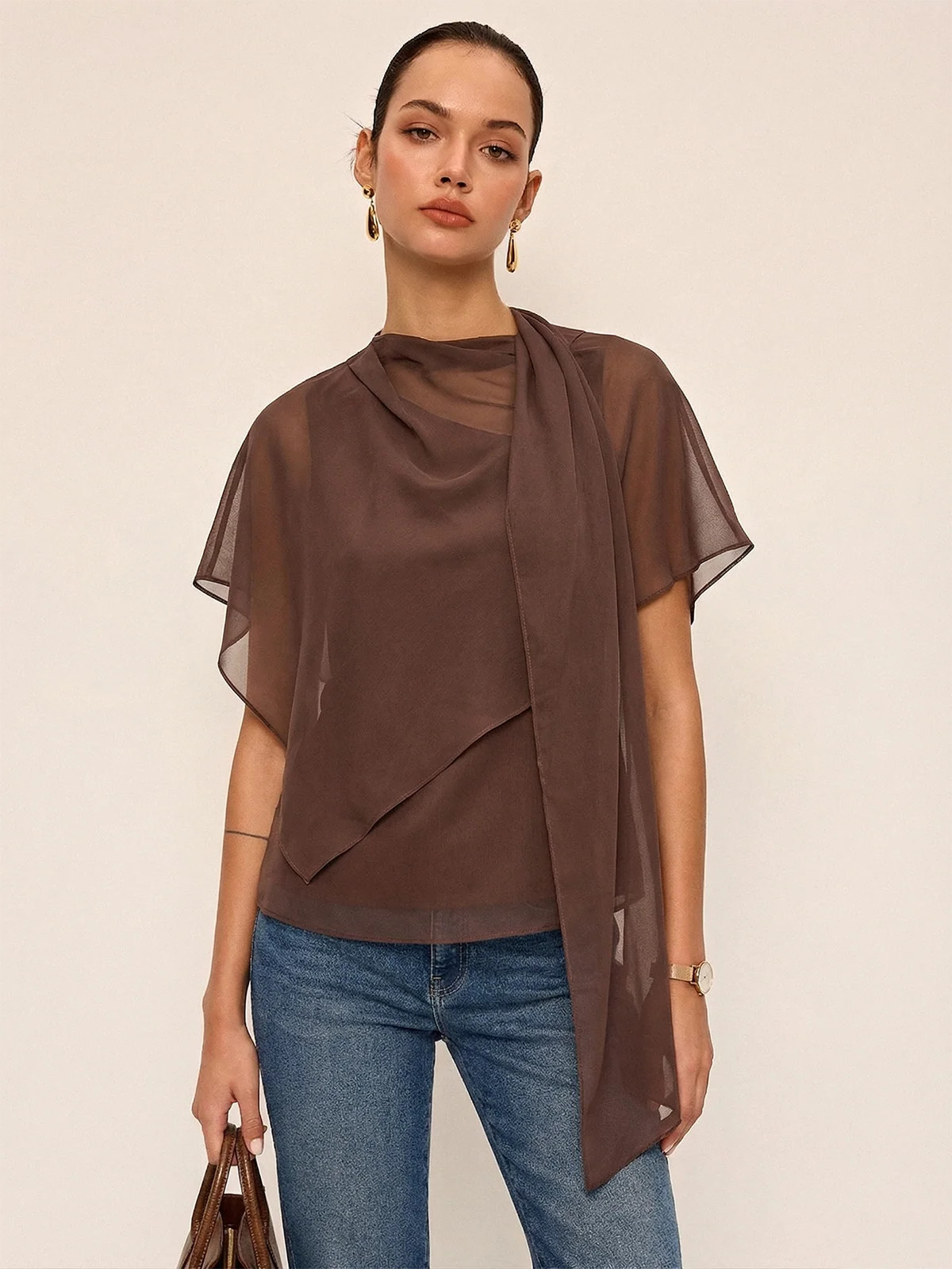 Sheer Scarf Top & One-Shoulder Top Two-Piece Set | Commense