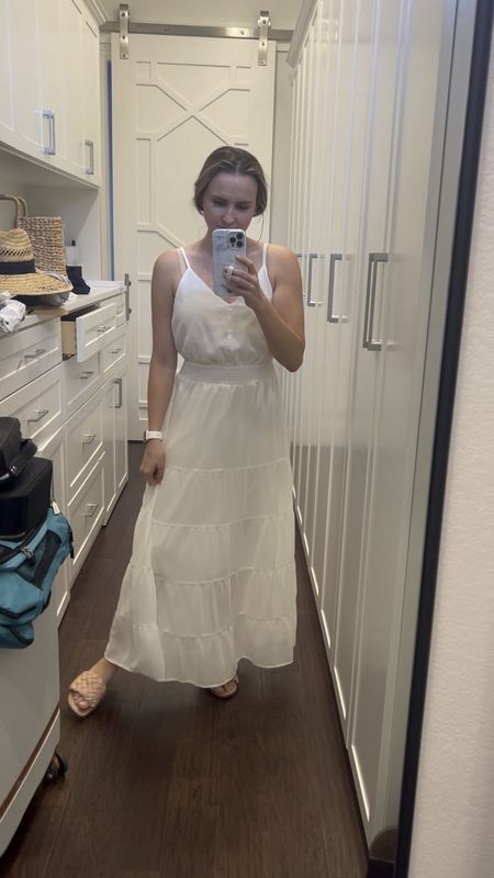 White tiered maxi dress with elastic waist (that gives a nice shape) and adjustable straps. TTS. You would want to wear a strapless bra with it. 

#LTKFind #LTKunder50 #LTKstyletip