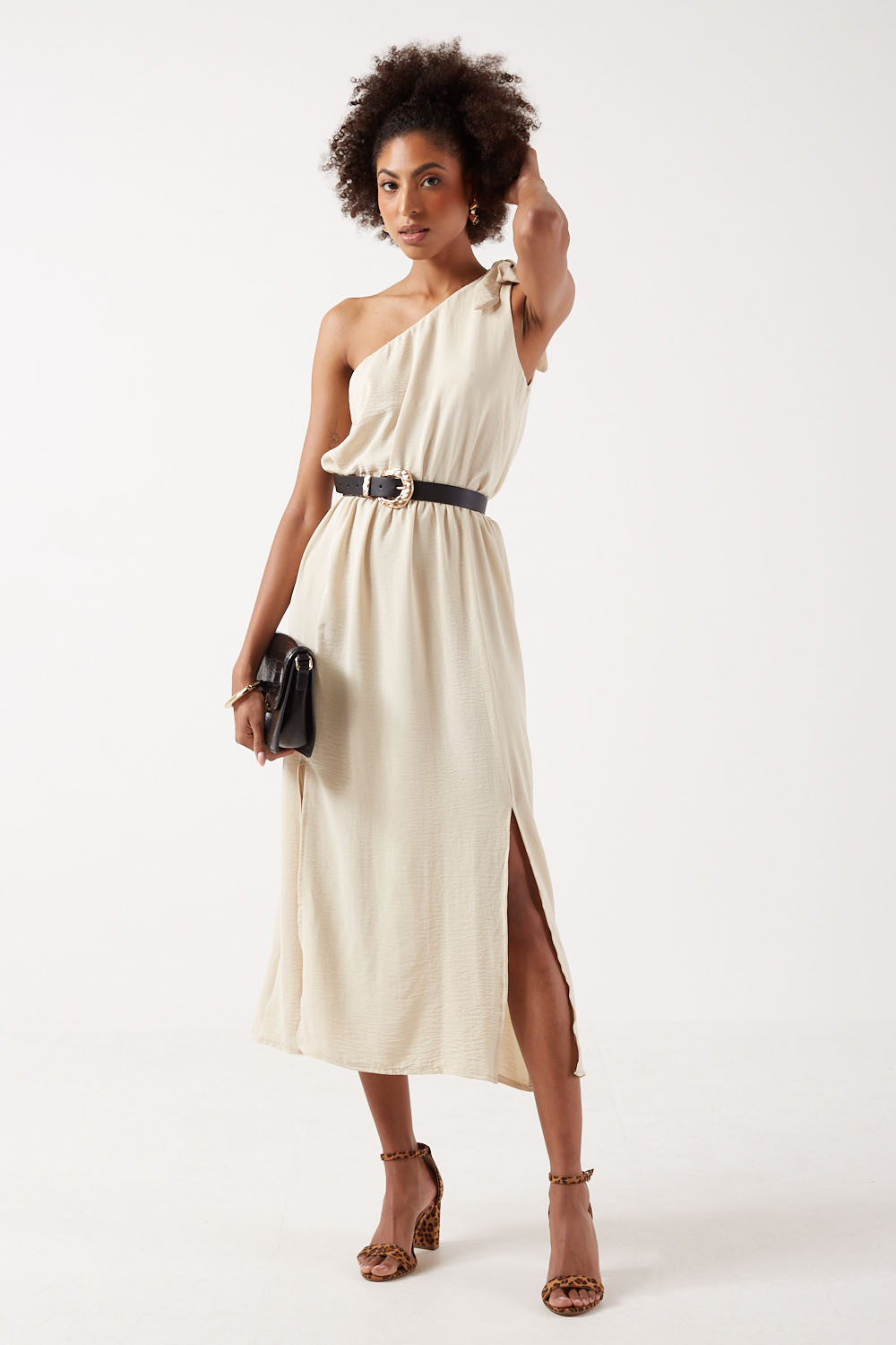 Eliza One-Shoulder Maxi Dress in Beige | iCLOTHING