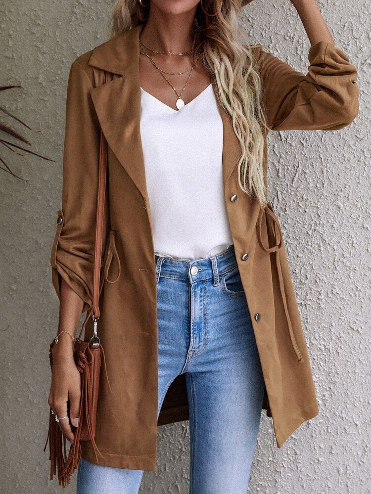 Solid Drawstring Detail Button Front Coat | SHEIN