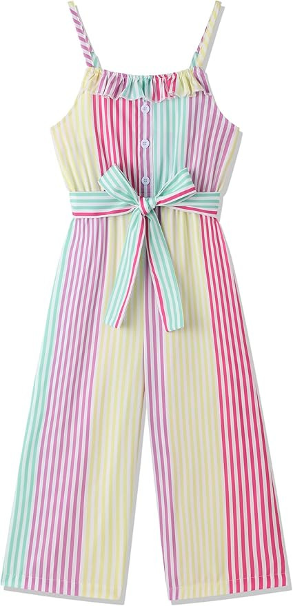 Crazyme Girls Jumpsuit Striped Sleeveless Girl Casual Rompers Suspender Wide Leg Pants with Belt ... | Amazon (US)