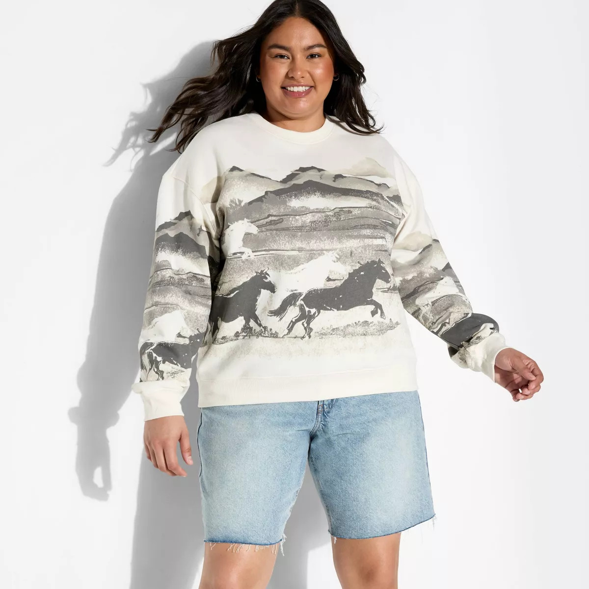 Women's Wild Horses Fleece Graphic Sweatshirt - Cream/Gray 1X | Target