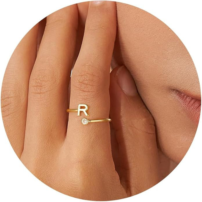 Turandoss Rings for Women Girls - Non Tarnish Dainty 14K Gold Plated Adjustable Letter Rings for ... | Amazon (US)
