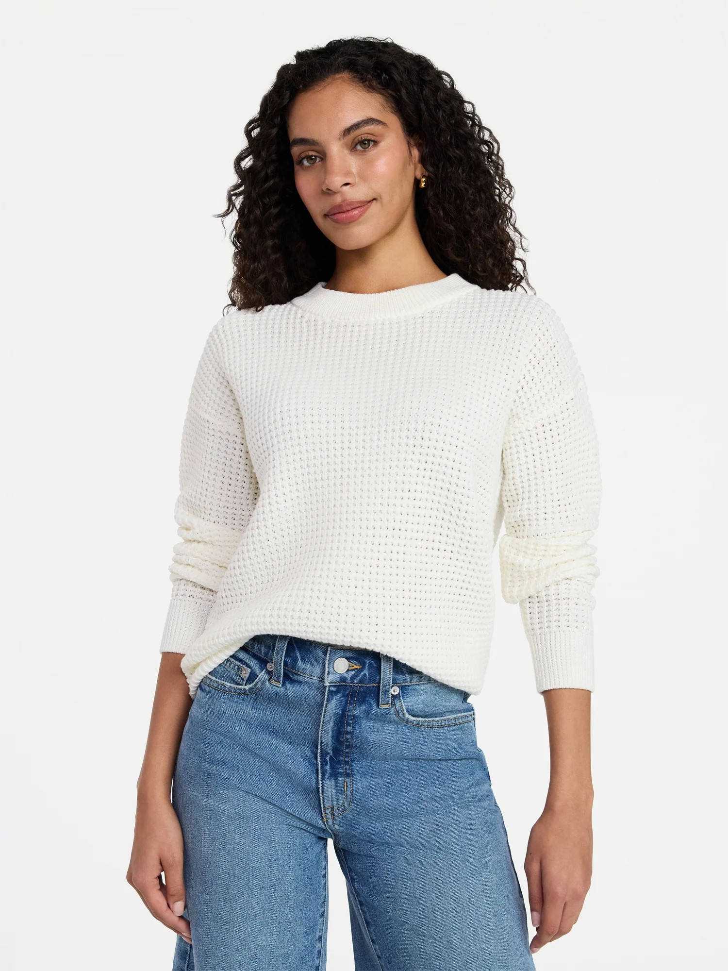 Time and Tru Women's Waffle Stitch Sweater with Long Sleeves, Sizes XS-XXXL | Walmart (US)