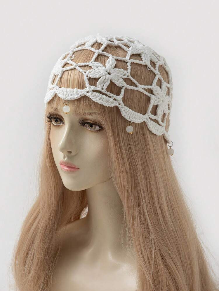 1 Pieza Sombrero Hecho A Mano De Mujer De Ganchillo Ligero Con Calado Y Decorado Con Perlas, Adecuado Para Usar Diariamente Y En Exteriores En Primavera, Verano Y Otoño | SHEIN