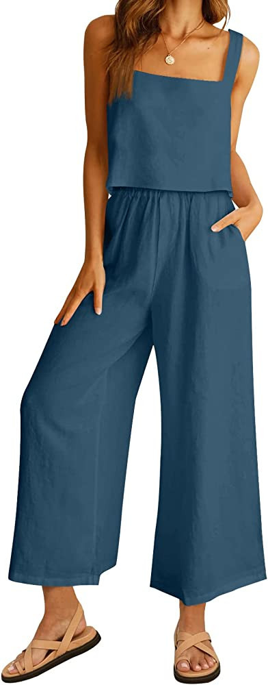 AUTOMET Women 2 Piece Outfits Lounge Matching Sets Linen Crop Top Wide Leg Pants Tracksuits with ... | Amazon (US)