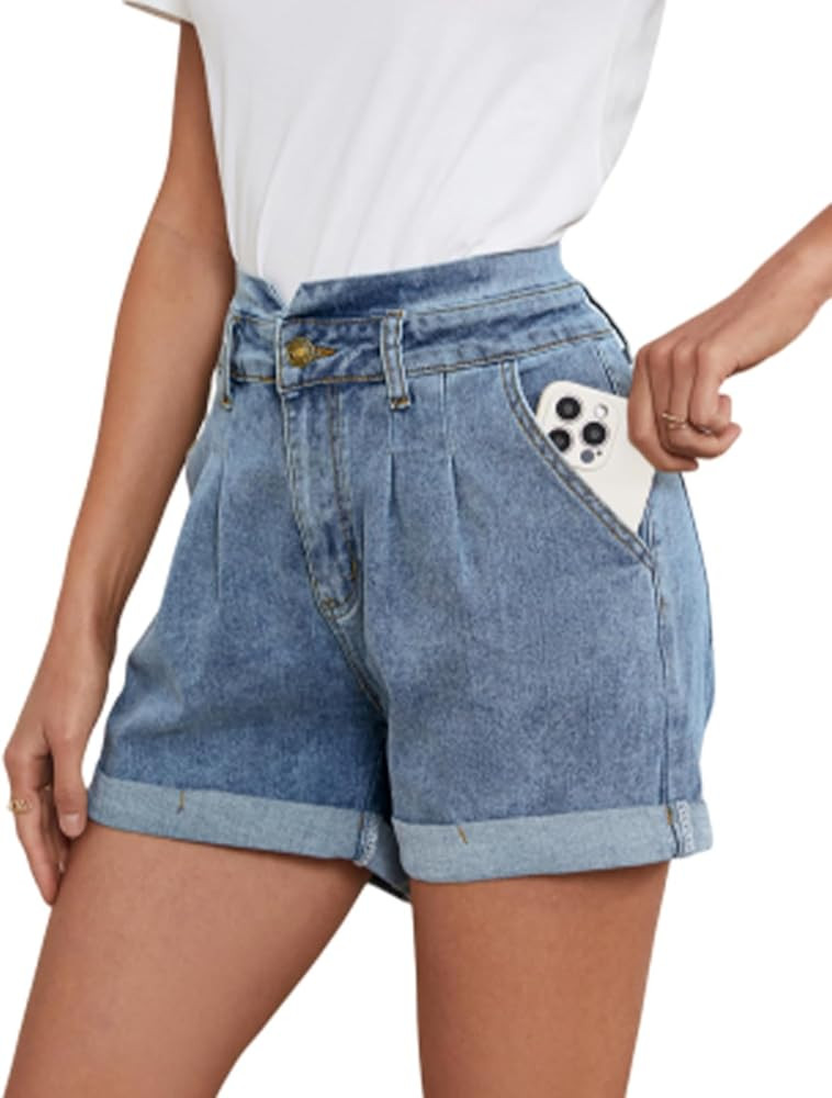 JASAMBAC Women's High Waisted Denim Shorts Rolled Hem Wide Leg Casual Jean Shorts with Pockets | Amazon (US)