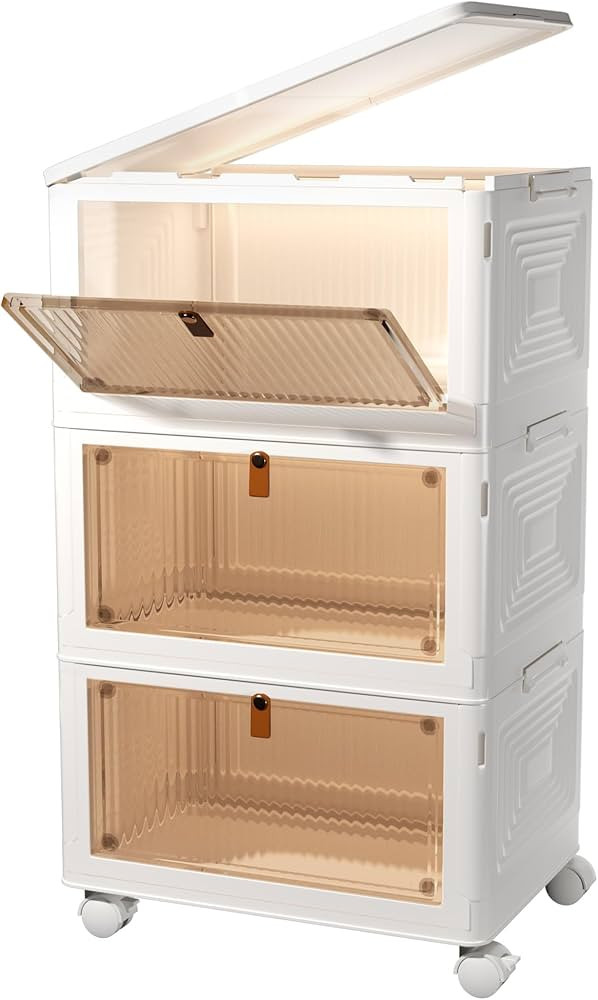 3 Tier Stackable Storage Bins with Lids, 23Qt Plastic Storage Containers with Magnetic Doors & Wh... | Amazon (US)