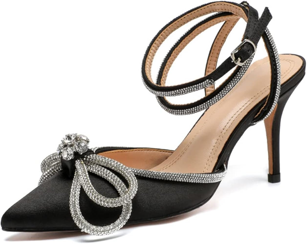 Womens Rhinestones Bow Heeled Sandals Ankle Strap Slingback Pointed Toe Stiletto High Heels Pumps... | Amazon (US)