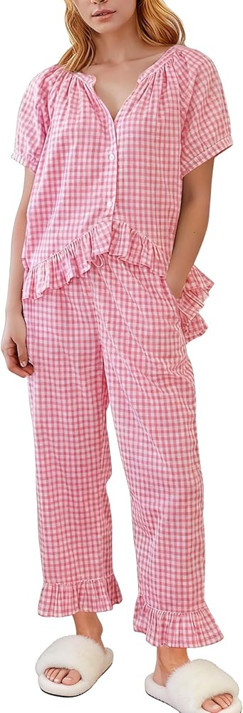 Tanming 2 Piece Sets for Women Gingham Button Down Short Sleeve Tops Ruffle Plaid Pants Pajamas L... | Amazon (CA)