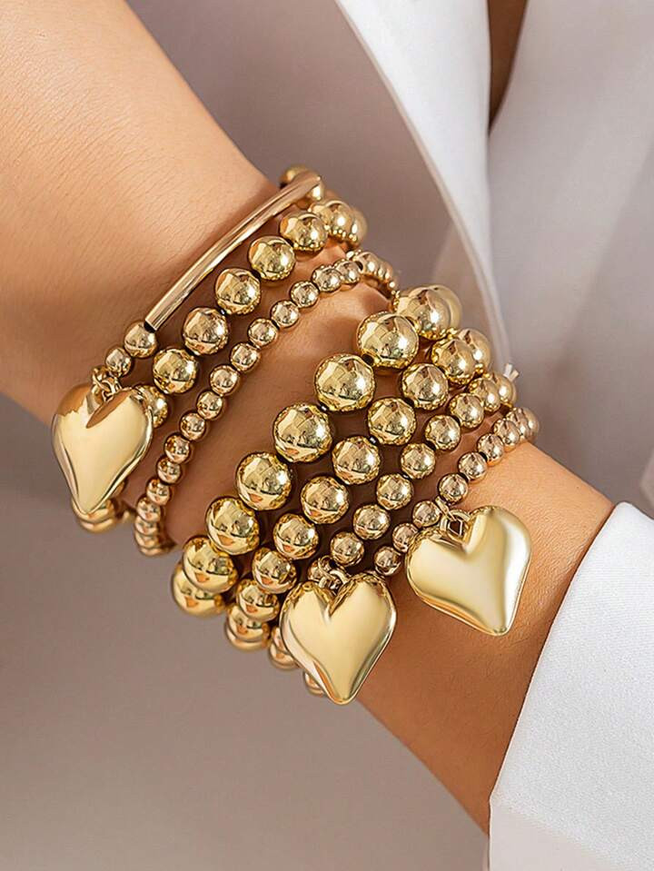 7pcs Simple Bead Bracelet Set For Women, Neutral Casual Vacation Date Daily Wear Accessories | SHEIN