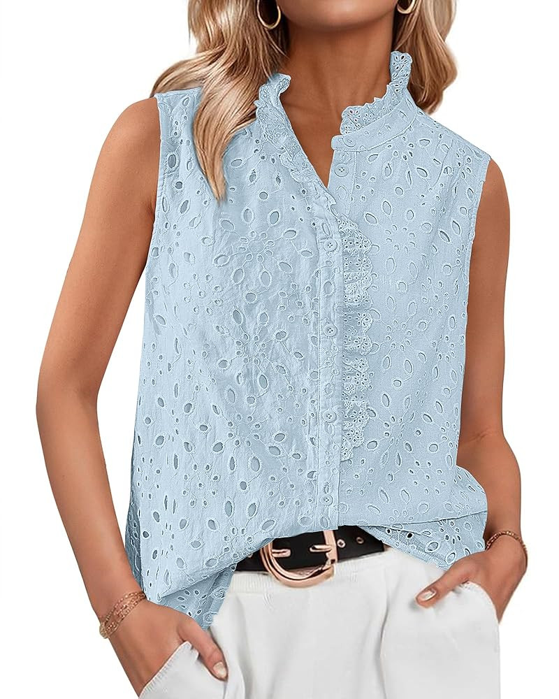 BTFBM Women's Sleeveless Button Down Shirts Ruffle V Neck Casual Hollow Out Eyelet Tops Boho Summ... | Amazon (US)